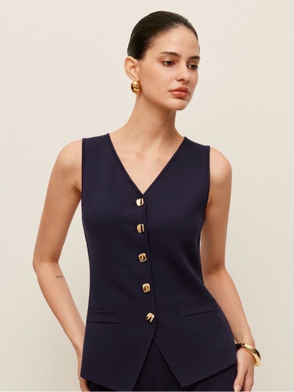 Knitted Button-Front Vest Navy